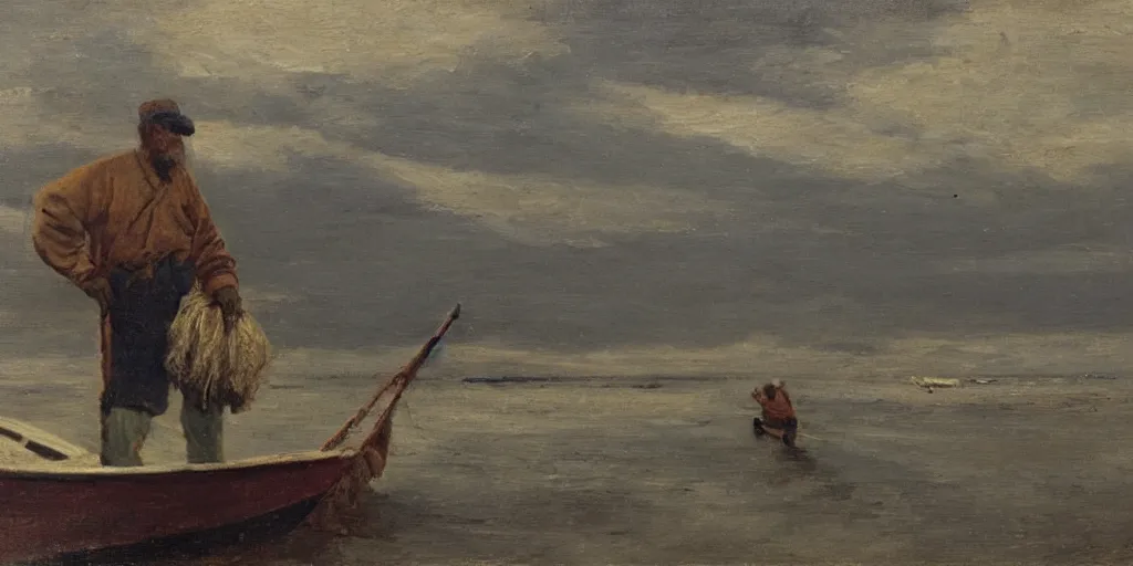 Prompt: old fisherman at work on his boat. early morning. late 1 9 th century. oil on canvas.