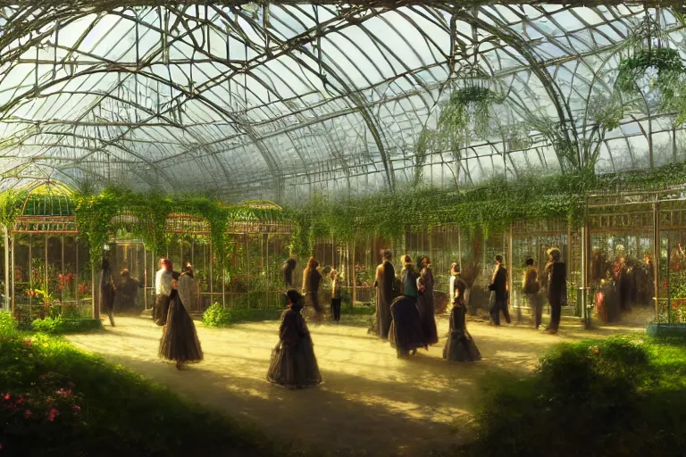 Image similar to an ornate victorian greenhouse, party in front, scene in an open field. 1 8 9 0, key visual, conceptart, ambient lighting, highly detailed, digital painting, artstation, concept art, sharp focus, by makoto shinkai and akihiko yoshida and greg manchess