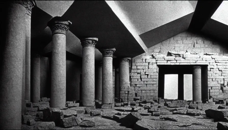 Prompt: 1 9 7 0 s andrei tarkovsky movie still of a pyramid building with columns, by piranesi, panoramic, ultra wide lens, cinematic light, anamorphic