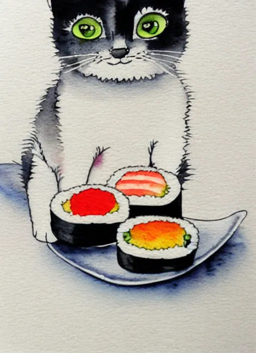 Image similar to cute cats and sushi watercolour