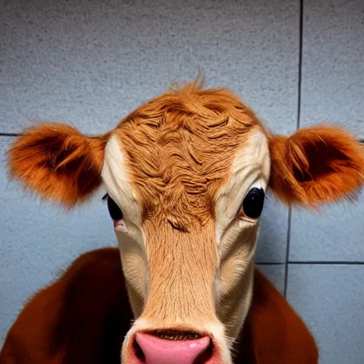 Prompt: mugshot of a cute calf dressed as an inmate inside a jailcell