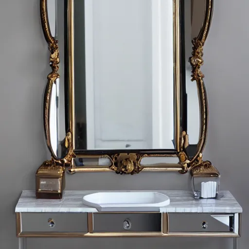 Prompt: sleek vanity mirror in a cool marble room