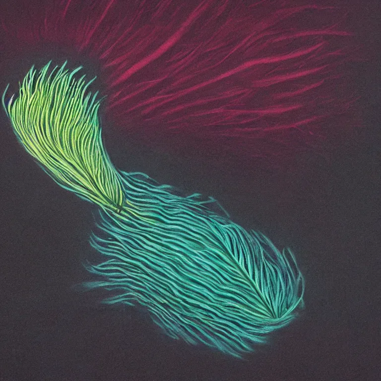 Prompt: Hyperrealistic intensely colored studio Photograph portrait of a deep sea bioluminescent Electric Feather Worm shocking its prey deep underwater in darkness long exposure, award-winning nature deep sea chalk pastel by Audubon and Zdzisław Beksiński vivid colors hyperrealism 8k