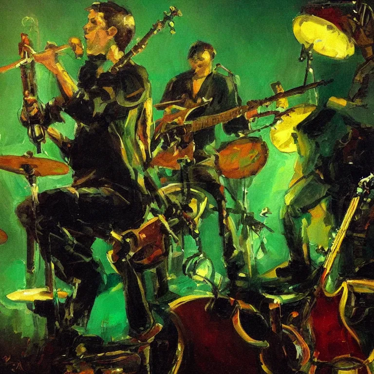 Image similar to a beautiful painting by dean cornwell of an octopus playing drums and telecaster guitar in a rock concert, dark background, green concert light, dark mood