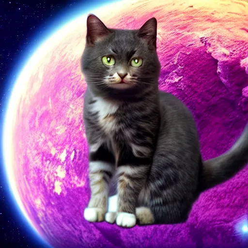 Prompt: a cute cat sitting on top of a planet, 4 k, space photography, ultra - realistic, synthwave