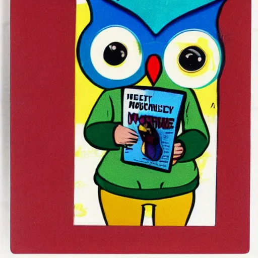 Image similar to anthropomorphic owl in a hoodie, holding a magazine, 9 0 - s fashion, polaroid photo, by warhol,