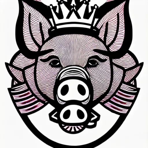 Image similar to good pig king logo Illustrated by Shepard Fairey, H.R. Geiger, YASUHIKO Yoshikazu, and lisa frank, ultra detailed pen sketch, hyper realistic, fine texture, shading, intricate detail, skin detail,