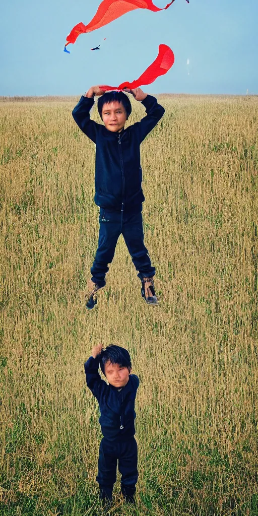 Image similar to the boy is standing in the field looking at a kite with a camera beam over his head that is pointing into the field at night, in the