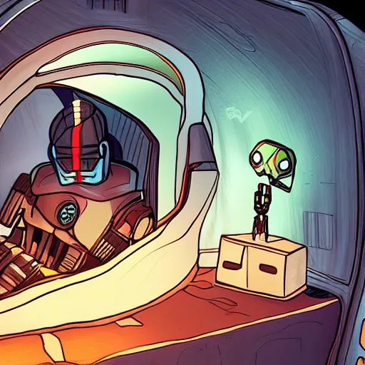 Image similar to general grievous, robot man, sleeping in his star wars style sleeping pod, bed room in the style of star wars, dreaming, lofi colors