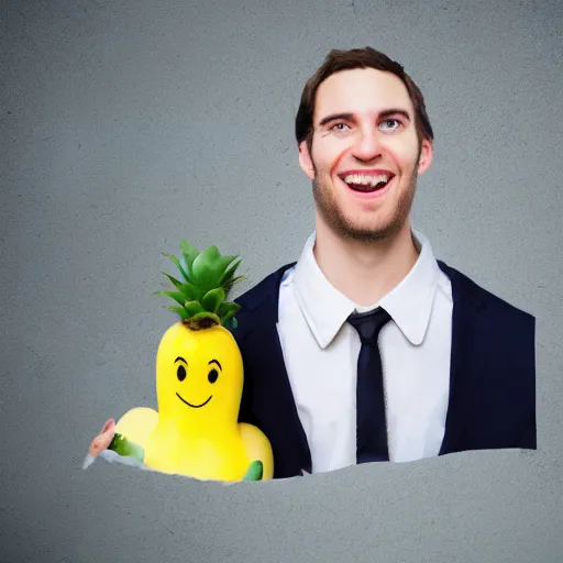 Image similar to a person with a banana head wearing a business suit