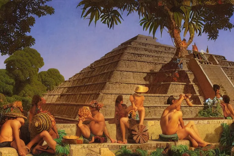 Prompt: painting of a the aztec pyramids, jungle, sunset, chill, romantic, by ludwig deutsch and maxfield parrish, patterned tilework, extremely detailed, cinematic lighting, smooth sharp focus