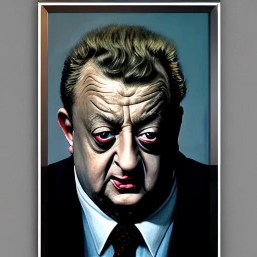 Image similar to a portrait of rodney dangerfield, hyper realistic, octane render, by barlowe. masterpiece portrait painting. dark, moody,, abstract brush strokes,.