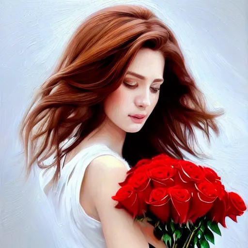 Prompt: portrait of a gorgeous woman holding a bouquet of roses in the style of stefan kostic, auburn hair, realistic, sharp focus, intricate, white dress, elegant, insanely detailed, 8 k high definition, art by artgerm, mark hill