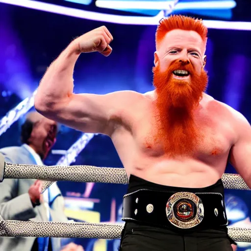 Image similar to Sheamus posing with his champion belt for a magazine photo