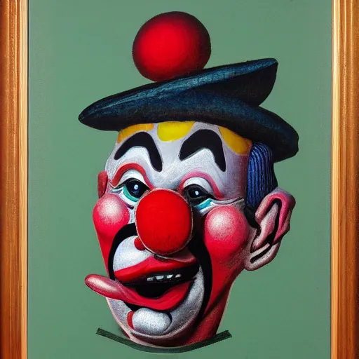 Image similar to A clown, in the style of Antonio Berni, highly detailed