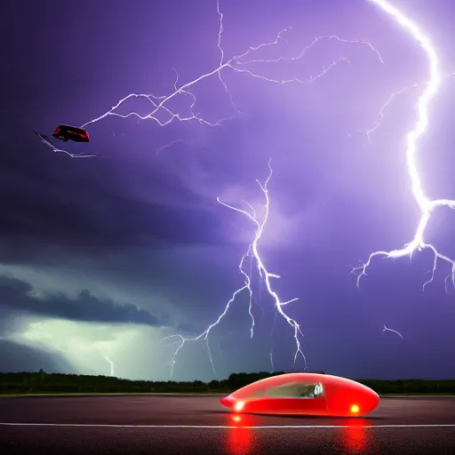 Image similar to futuristic flying car emerging from a circle of lightning in the sky, thunderstorm at night, 28mm dramatic photo