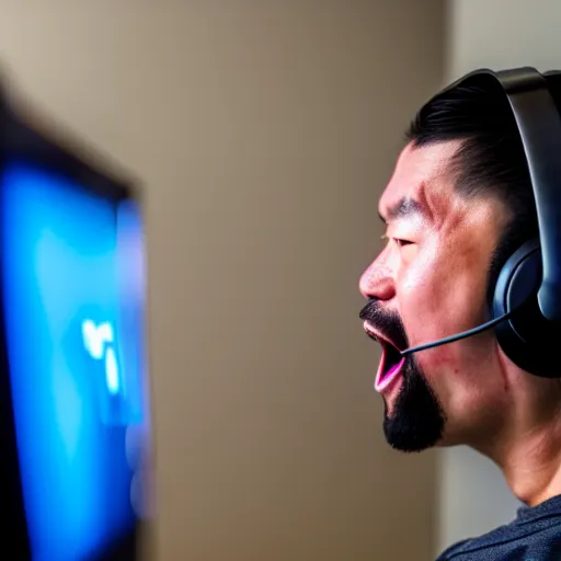 Image similar to Photo of Genghis Khan, wearing a headset, playing Overwatch, close-up, raging, screaming at screen high detail, studio, 85mm Sigma Art Lens