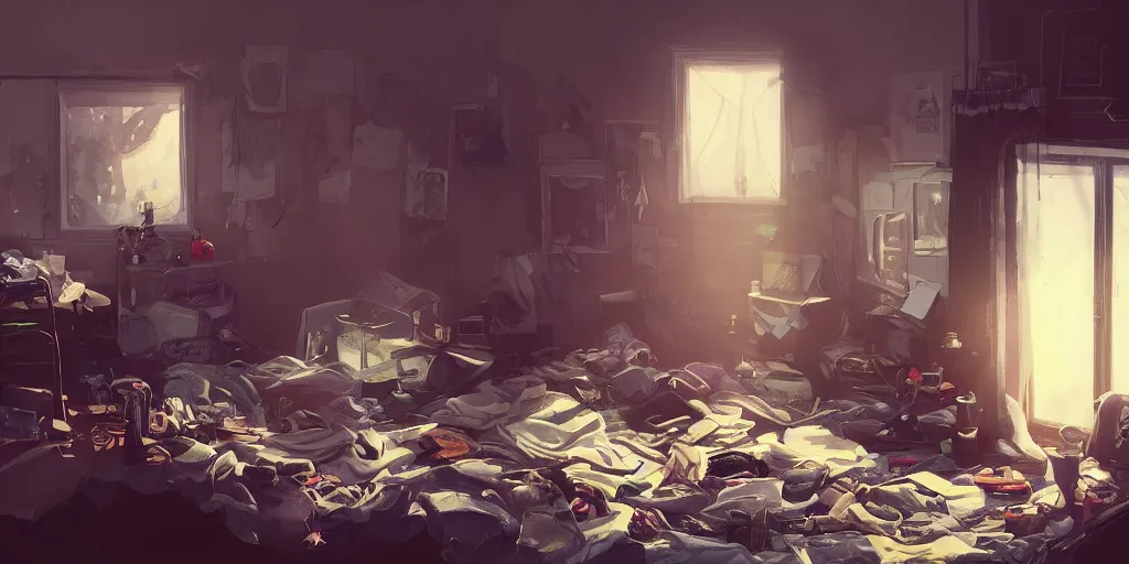 Prompt: an environmental concept art of an angsty female teen in her cluttered bedroom, highly detailed, cinematic, dramatic lighting, directional lighting, close shot by francis tneh