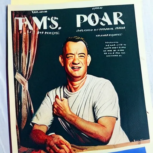 Prompt: “Tom Hanks portrait, color vintage magazine illustration 1950”