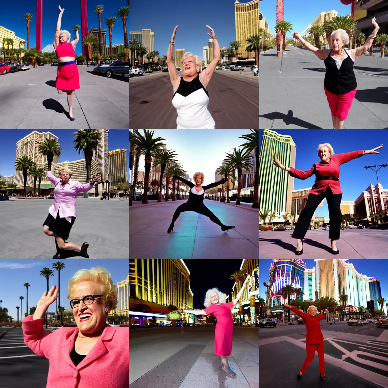 Prompt: photo of symmetric carolyn goodman dancing on a street on las vegas strip, symmetry