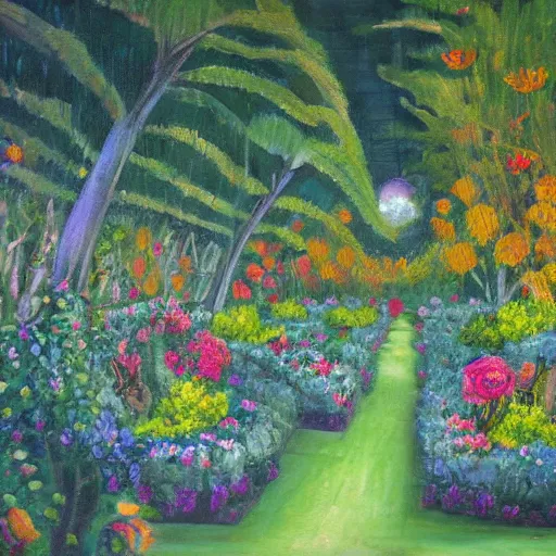 Prompt: a moody painting of a beautiful garden full of souls