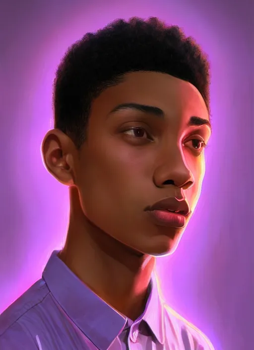 Prompt: portrait of chuck clayton, lightskin black teenage boy, very short curly hair, very short hair, short hair, strong jawline, square jaw, slight smile, purple button up, intricate, elegant, glowing lights, highly detailed, digital painting, artstation, concept art, smooth, sharp focus, illustration, art by wlop, mars ravelo and greg rutkowski