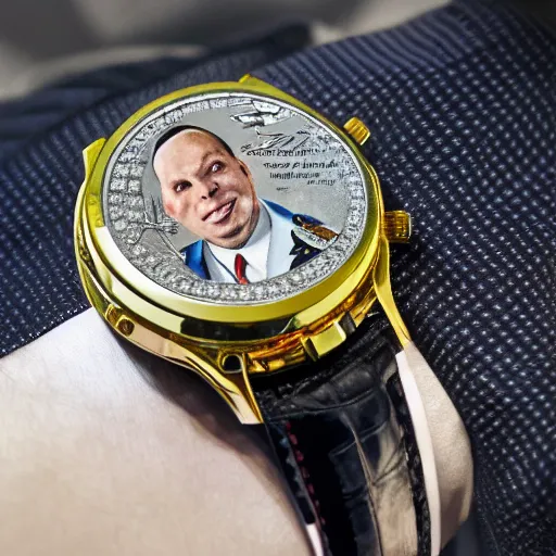 Image similar to watch, portrait of gagarin on the dial, gagarin, gagarin engraving, custom watc, gold silver, diamond, brilliant, super detailed, photorealistic, 8 k white background