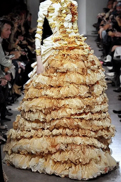 Image similar to haute couture dress made out of lasagna, styled by alexander mcqueen, high details