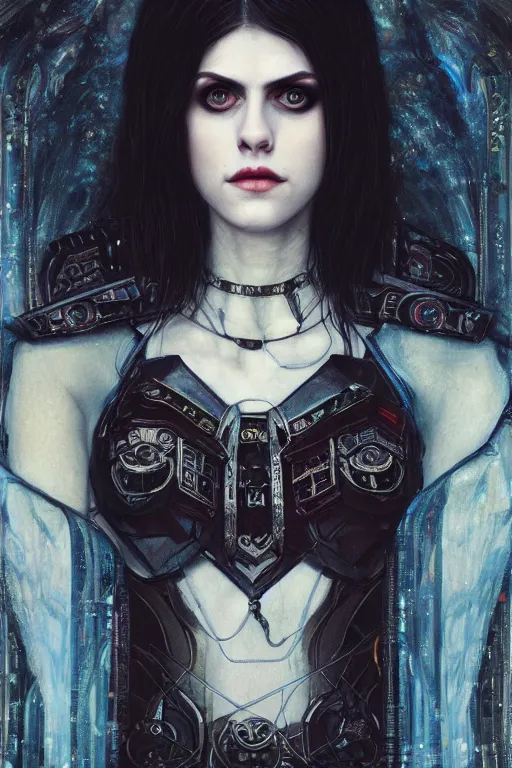 Image similar to portrait of beautiful gothic Alexandra Daddario, cyberpunk, Warhammer, highly detailed, artstation, illustration, art by Gustav Klimt