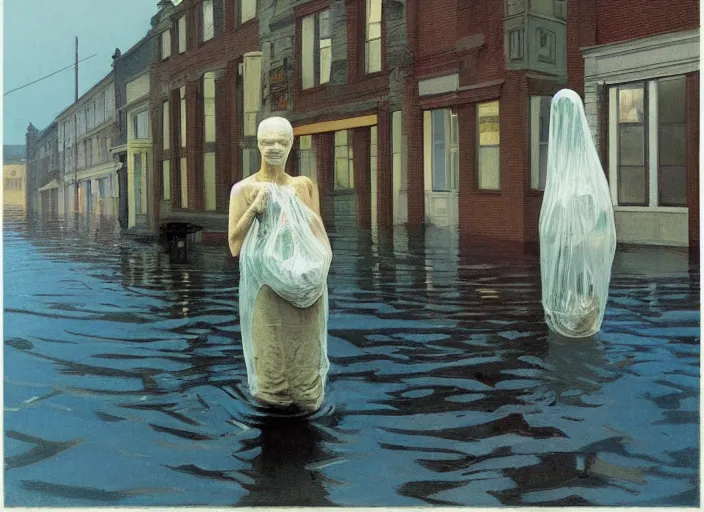 Image similar to woman with mohawk dressed in transparent plastic bags, on flooded street Edward Hopper and James Gilleard, Zdzislaw Beksinski, highly detailed