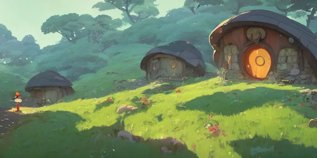 Image similar to small hobbit mushroom houses by cory loftis & akihiko yoshida & james gilleard & atey ghailan & makoto shinkai & goro fujita & studio ghibli, rim light, exquisite lighting, clear focus, very coherent, plain background, soft painting, photorealistic, unreal engine 5, 4 k