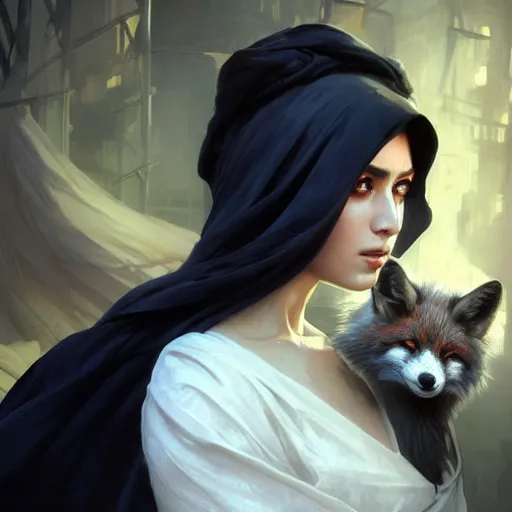 Prompt: a Photorealistic dramatic hyperrealistic render of an arab ameera al taweel, blue eyes, black hair, with a pet fox white veil,by WLOP,Artgerm,Greg Rutkowski,Alphonse Mucha, Beautiful dynamic dramatic dark moody lighting,shadows,cinematic atmosphere,Artstation,concept design art,Octane render,8K