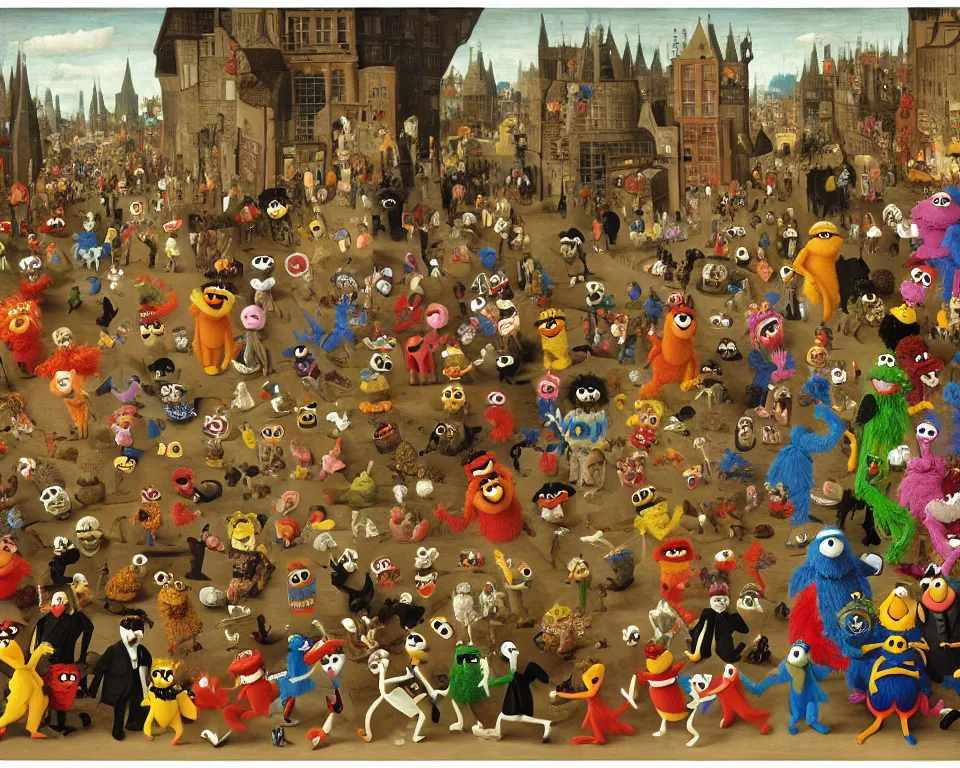 Prompt: sesame street muppets art by hieronymus bosh, triumph of death by pieter brueghel