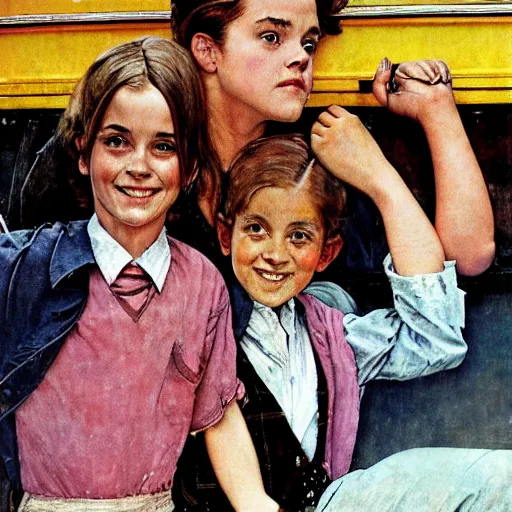 Image similar to Emma Watson driving a school bus full of Emma Watsons, Norman Rockwell