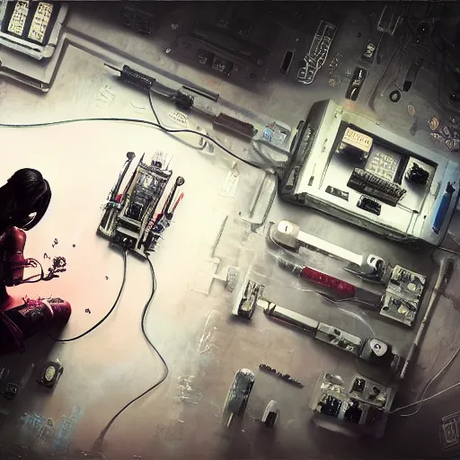 Image similar to cyberpunk room top view with girl on table laboratorie experiment attache , liquide in tube, technologique , technomancer , alien experimente the futur dark by Greg Rutkowski, Sung Choi, Mitchell Mohrhauser, Maciej Kuciara, Johnson Ting, Maxim Verehin, Peter Konig, Bloodborne , 8k photorealistic, cinematic lighting, HD, high details, atmospheric , trending on artstation