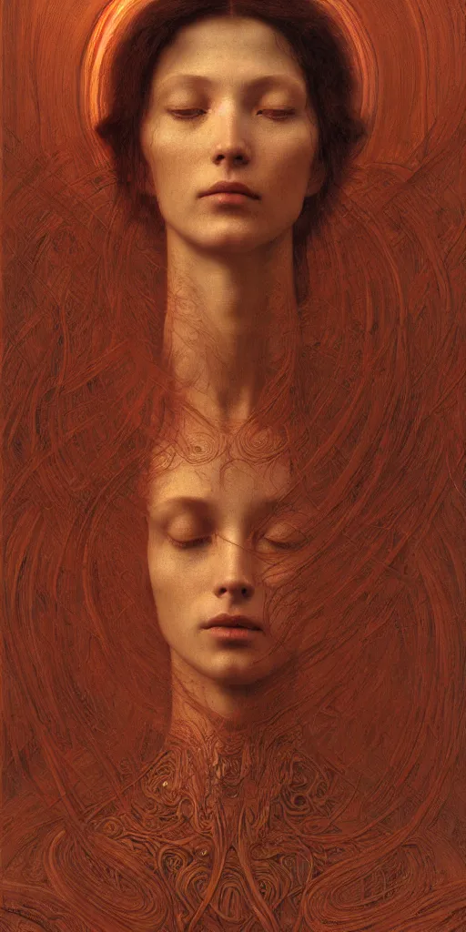 Image similar to Woman masterpiece, red, golden halo behind her head, by Edgar Maxence and Ross Tran, Zdzisław Beksiński, and Michael Whelan, distant, gustav dore, H.R. Giger, 8k, octane render
