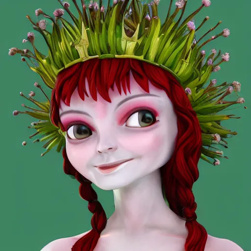 Image similar to cell shaded humanoid onion goddess, flower vine dress, crown, artstation, 4 k gorgeous, smiling, red hair regal, garlic scepter