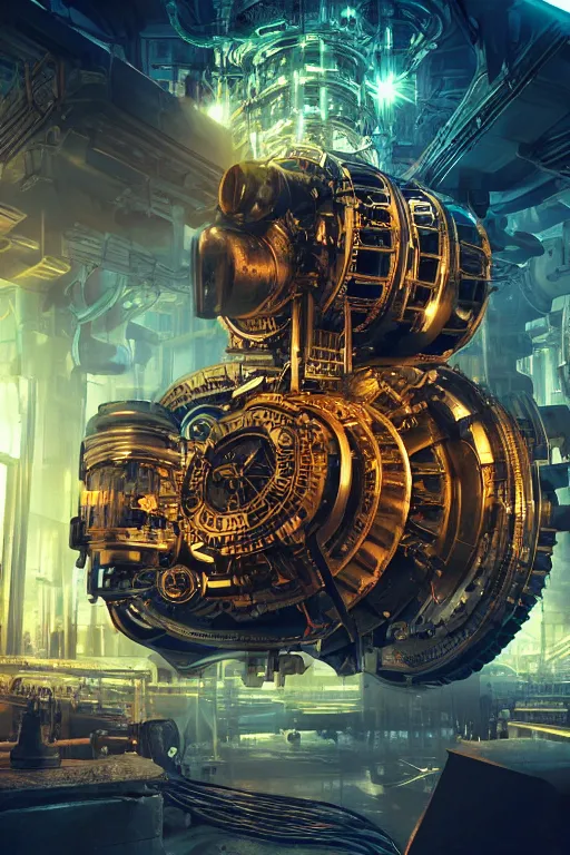 Image similar to a movie poster, name tripmachine, photo of a huge futuristic steampunk generator inside a steampunk machinery, 8 k, fluorescent colors, halluzinogenic, multicolored, exaggerated detailed, 3 d render, octane