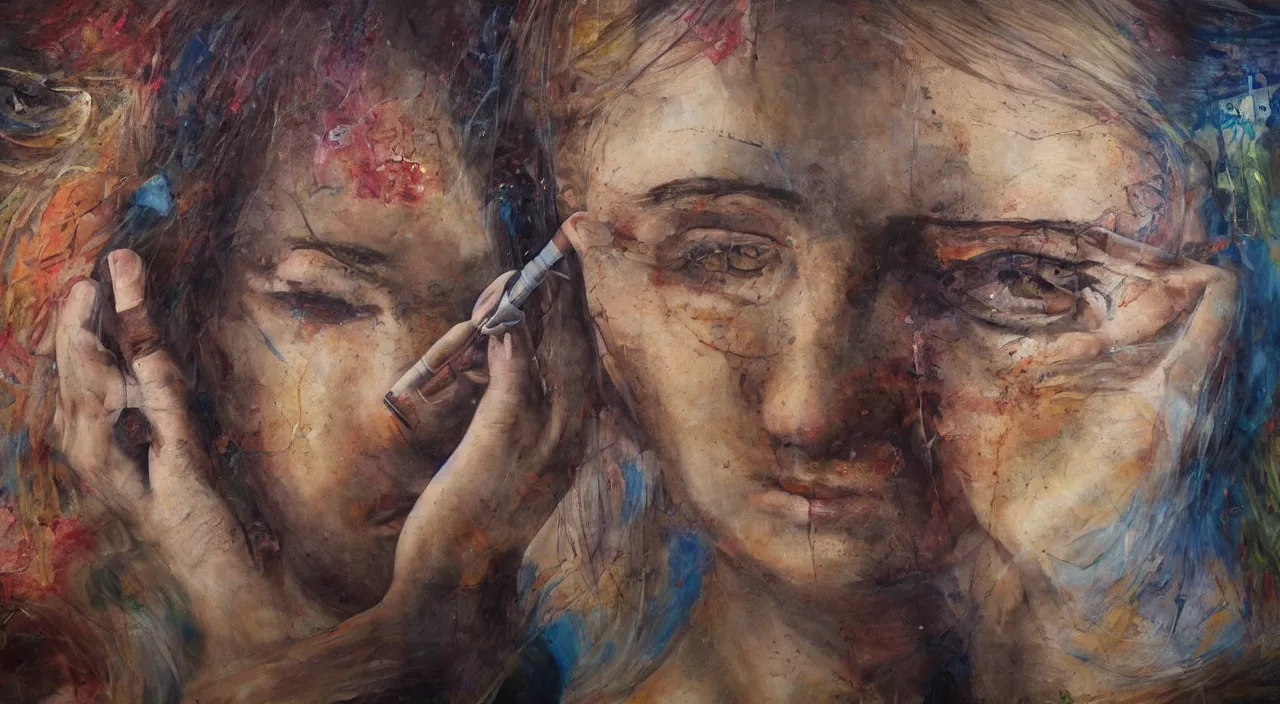 Prompt: Michal Angelo painting of a person starting mother universe in the eyes as the last person to exist takes their final breath. 8k resolution, mural.