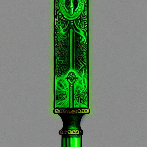 Image similar to Oil painting concept art of a magical acid sword glowing bright green, very intricate hilt, green color scheme, highly detailed concept art.