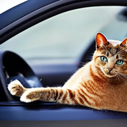 Prompt: a beautiful cat is driving a car