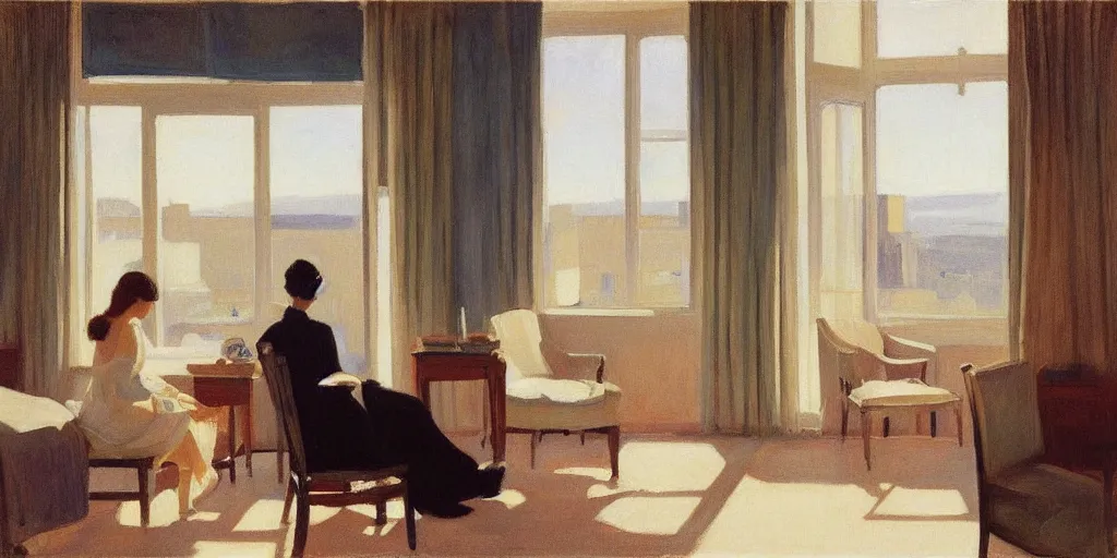 Prompt: a couple in a hotel room by the window, peaceful, quiet, morning sunlight, by edward hooper