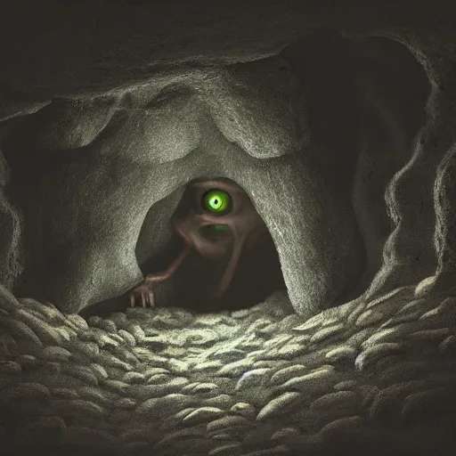 Image similar to monster peering out of a cave, dark lighting, horror, realistic,