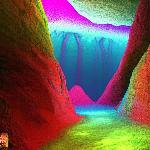 Image similar to rainbow colored caves lead to a rainforest, highly detailed digital art, artstation, cfg = 3