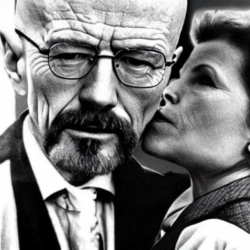 Prompt: Walter White and Margaret Thatcher kissing