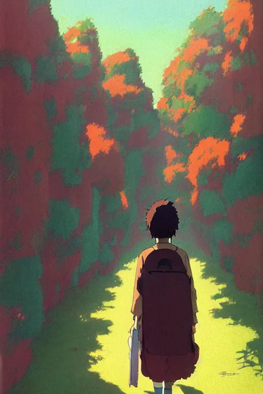 Image similar to a colorful portrait of a long bearded student rear view, morning, by studio ghibli painting, superior quality, masterpiece, traditional Japanese colors, by Grzegorz Rutkowski, concept art