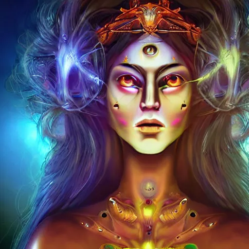 Image similar to three eyed goddesses, third eye middle of forehead, wide wide shot, very hairy bodies, vivid colors, eye in forehead, beautiful lighting, detailed photograph