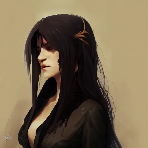 Image similar to female human vampire witch in the style of greg rutkowski, makoto shinkai, trending on artstation, character design, concept art, pretty face, highly detailed, long black hair, portrait, digital art