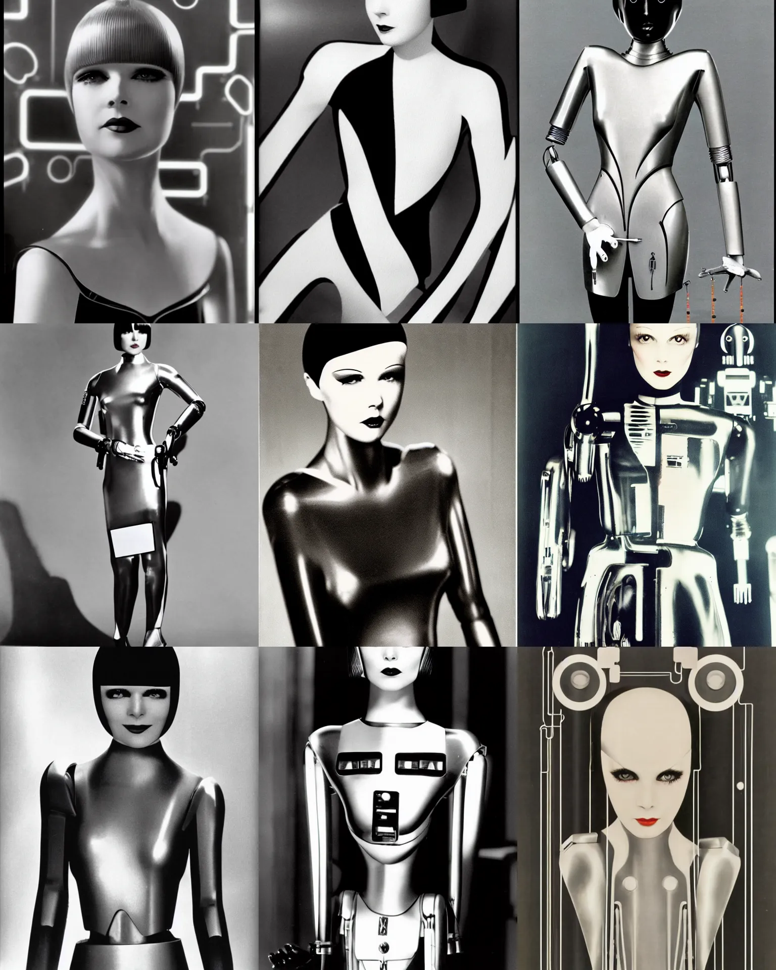 Prompt: mary louise brooks is half robot, chrome skin, robot arm, 1 9 8 0 s airbrush, clean lines, futuristic, blade runner eyes, dress made with circuit board