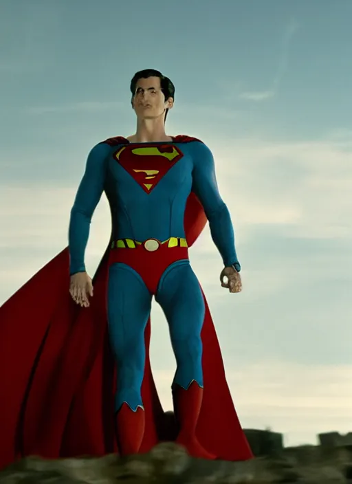 Prompt: film still of a human skeleton as Superman in Superman, 4k